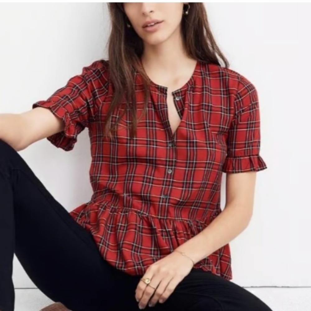 Madewell Red Plaid Peplum Top Button Front Ruffle Sleeve Blouse Small